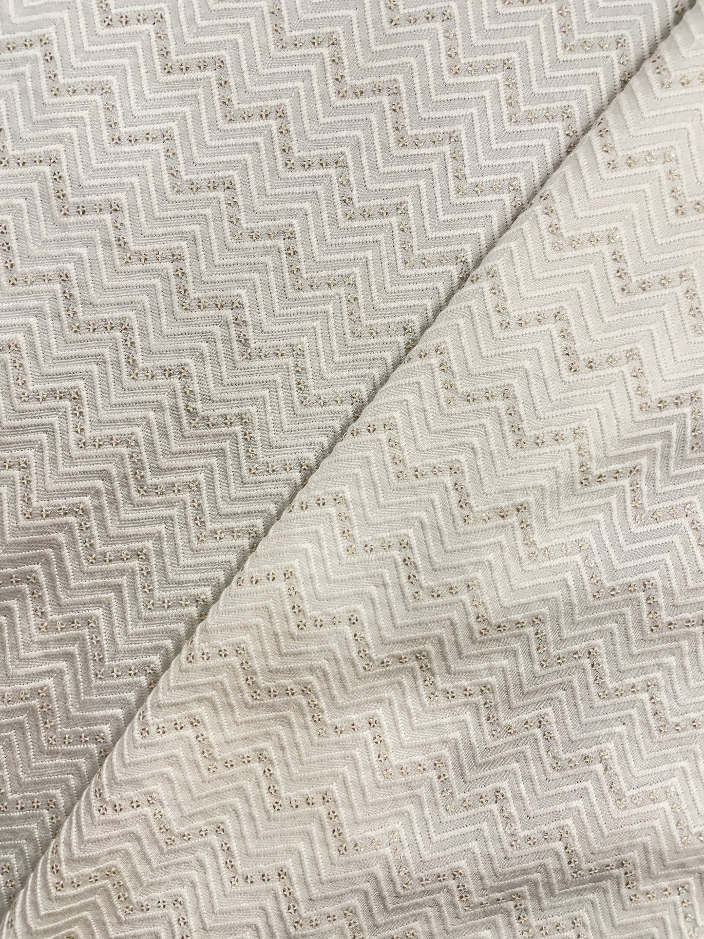 Beautiful Subtle Zig Zag Thread Embroidery With Sequin Work On White Dyeable Mysore Silk Fabric