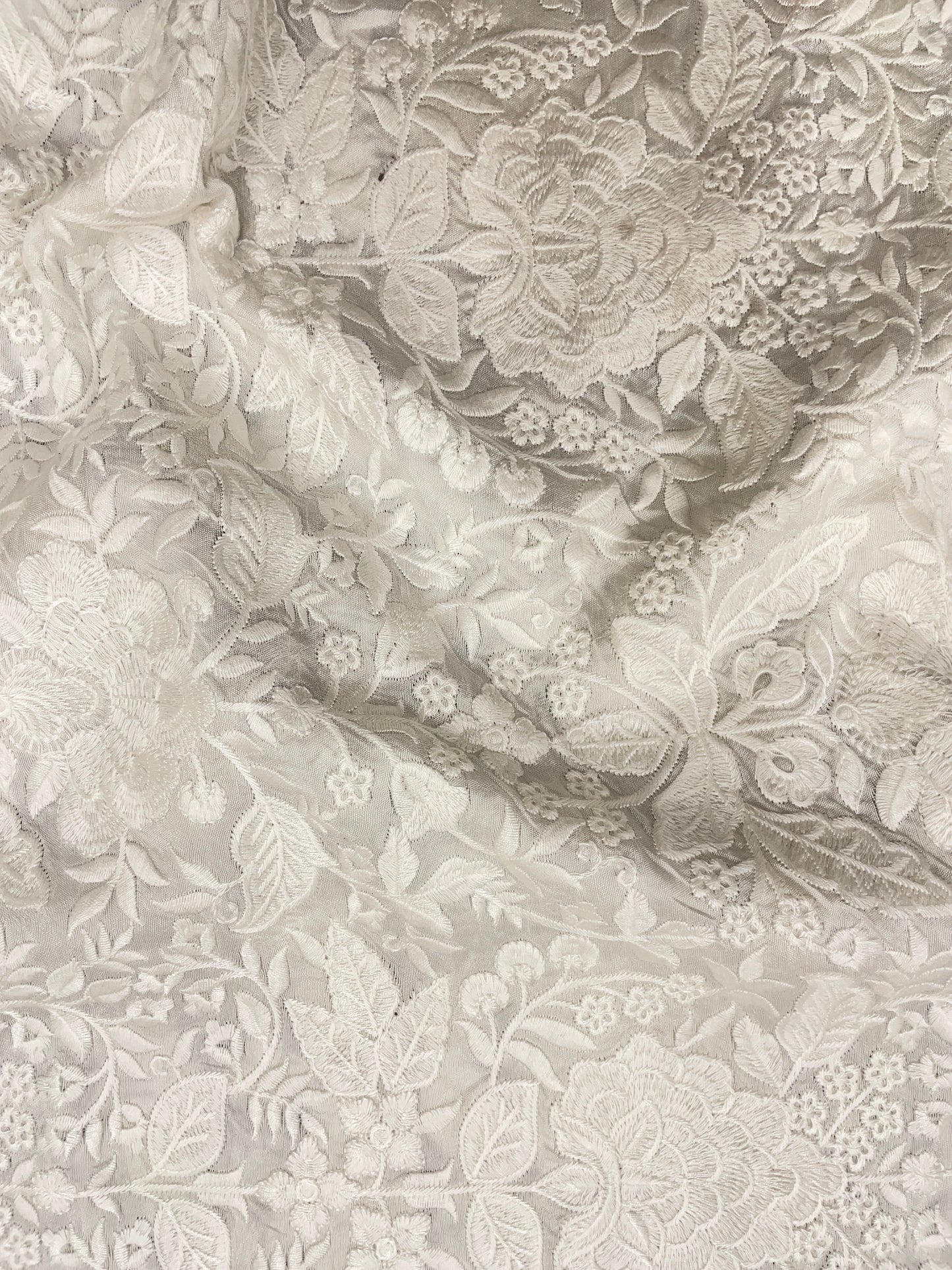 Gorgeous Exclusive Multi Floral Thread Embroidery On White Dyeable Mysore Silk Fabric