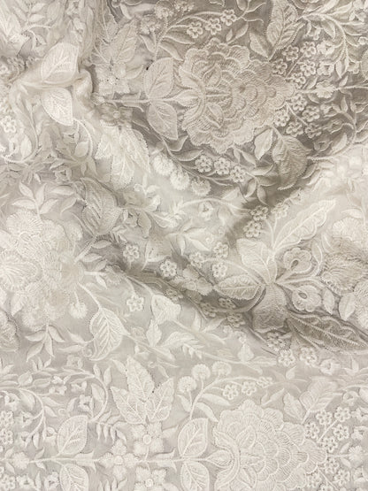 Gorgeous Exclusive Multi Floral Thread Embroidery On White Dyeable Mysore Silk Fabric