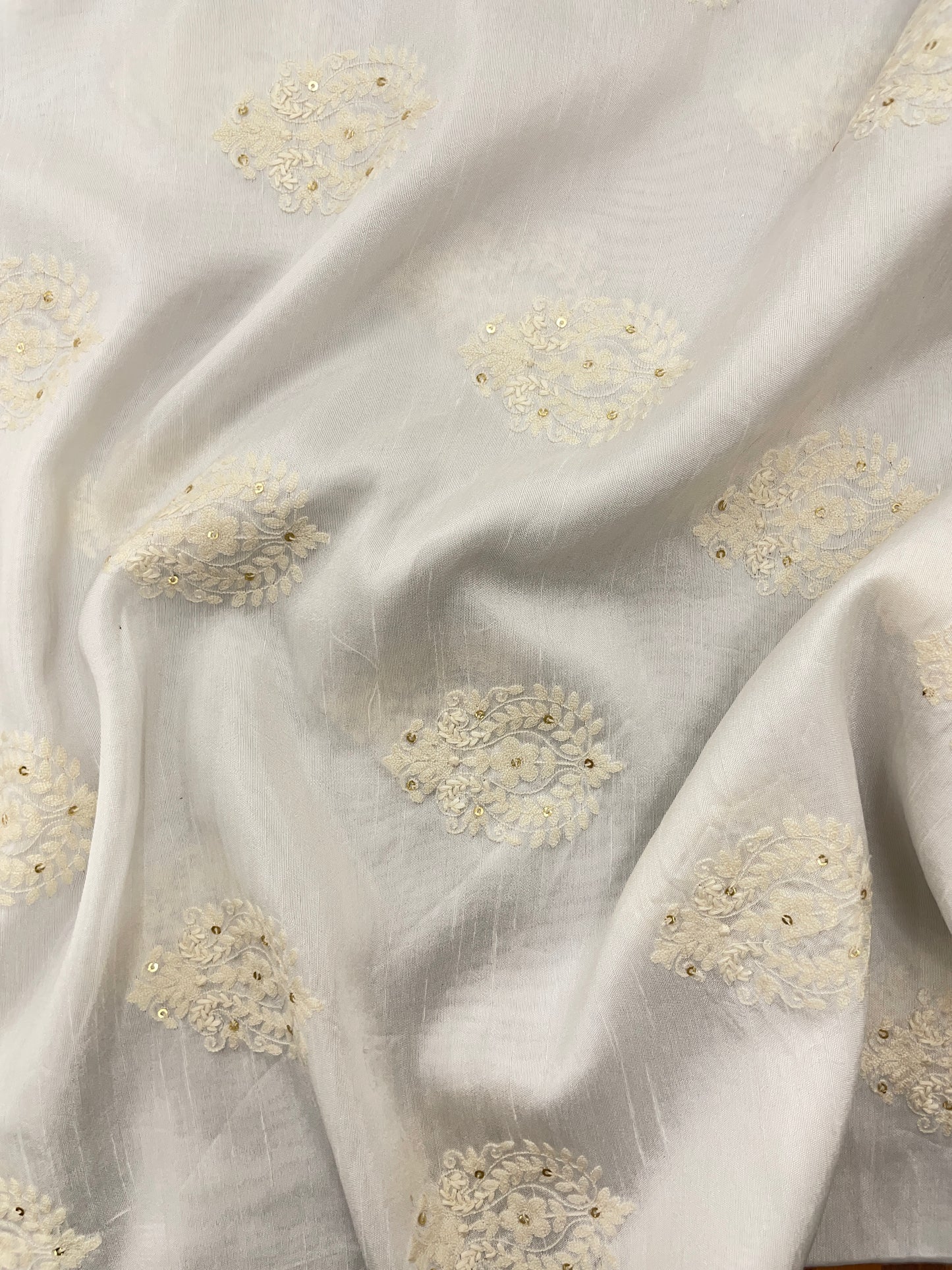 Radiant Glorious Traditional Butti Thread Embroidery With Sequin Work On White Dyeable Mysore Silk Fabric