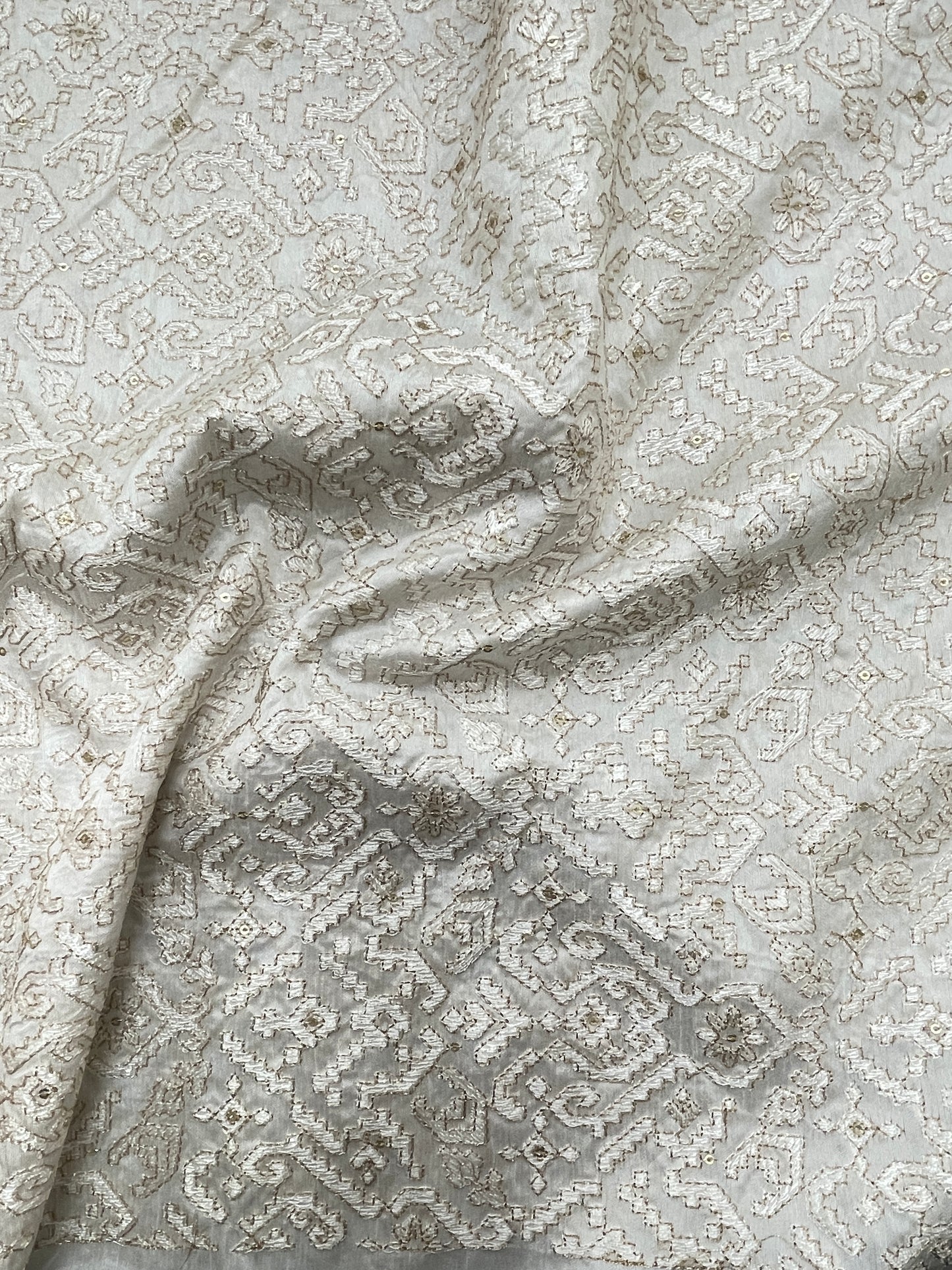 Brilliant Superb White Thread Embroidery With Zari Work On White Dyeable Mysore Silk Fabric