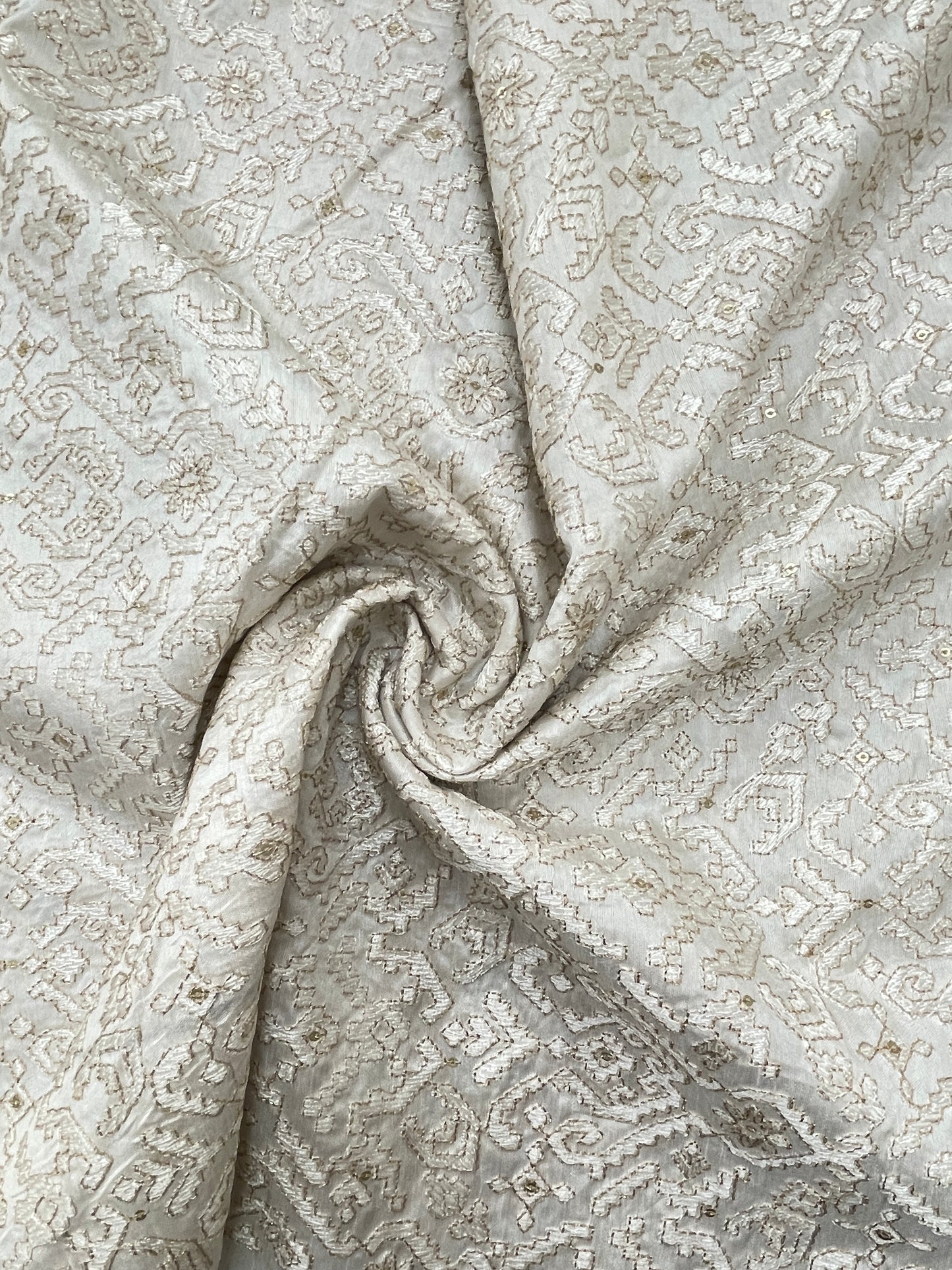 Brilliant Superb White Thread Embroidery With Zari Work On White Dyeable Mysore Silk Fabric