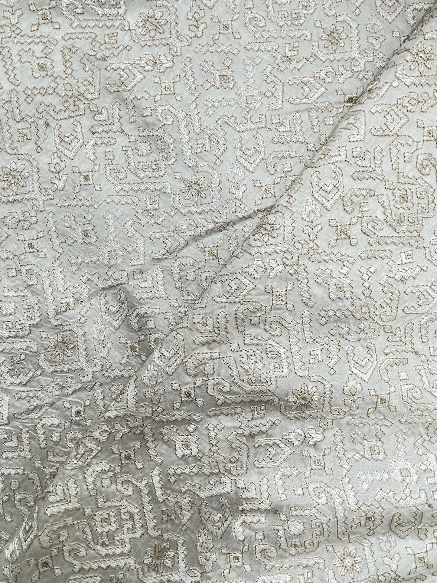 Brilliant Superb White Thread Embroidery With Zari Work On White Dyeable Mysore Silk Fabric