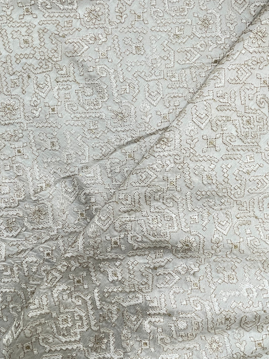 Brilliant Superb White Thread Embroidery With Zari Work On White Dyeable Mysore Silk Fabric