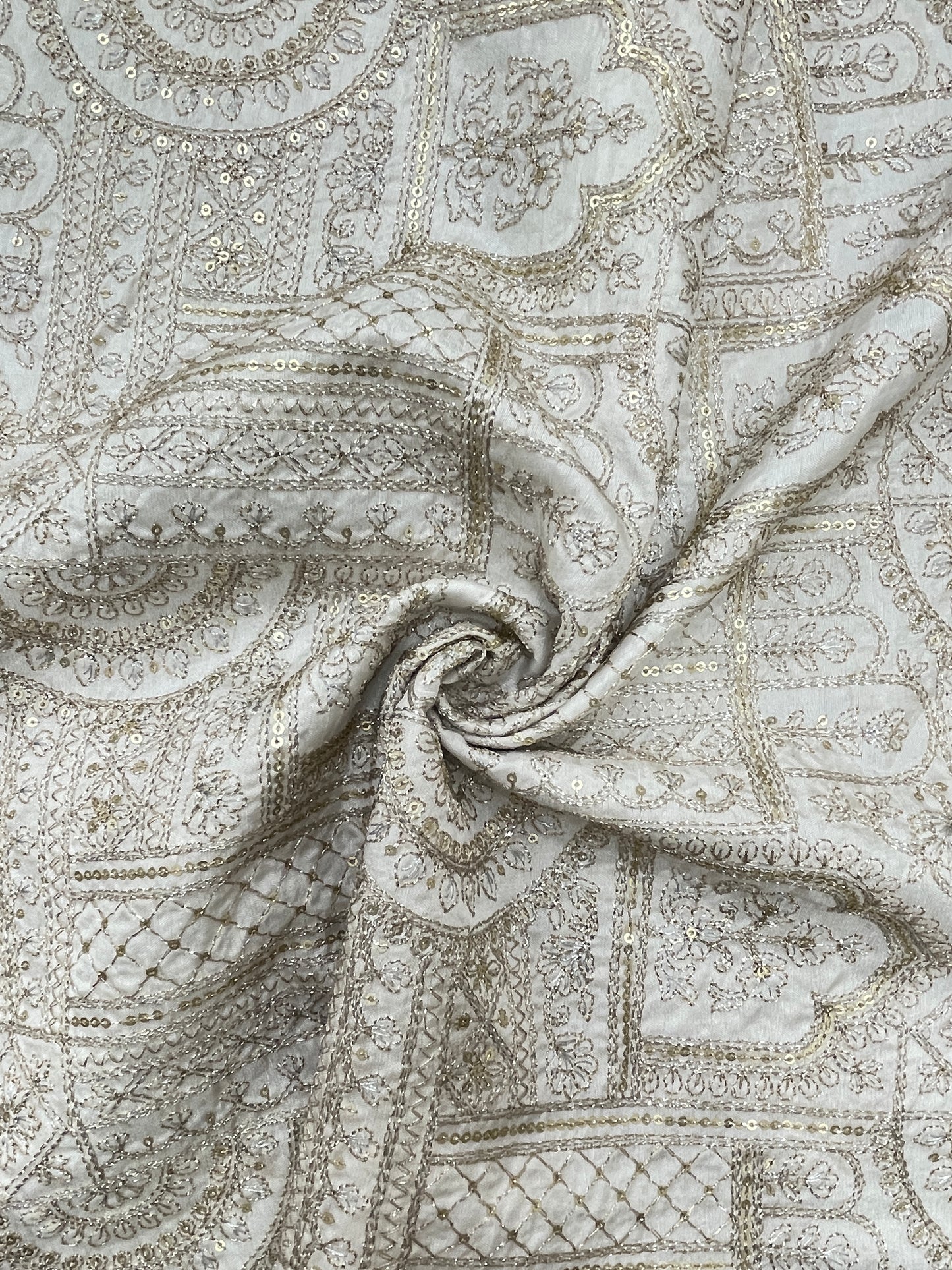 Exclusive Luxurious Ethnic Zari Embroidery With Sequin Work On White Mysore Silk Fabric