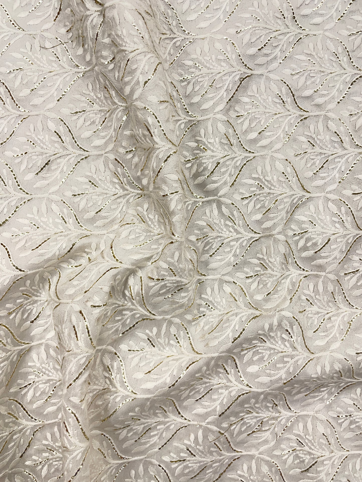 Fascinating Stunning White Thread Embroidery With Foil Work On White Dyeable Mysore Silk Fabric