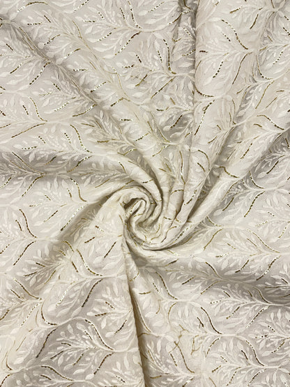 Fascinating Stunning White Thread Embroidery With Foil Work On White Dyeable Mysore Silk Fabric