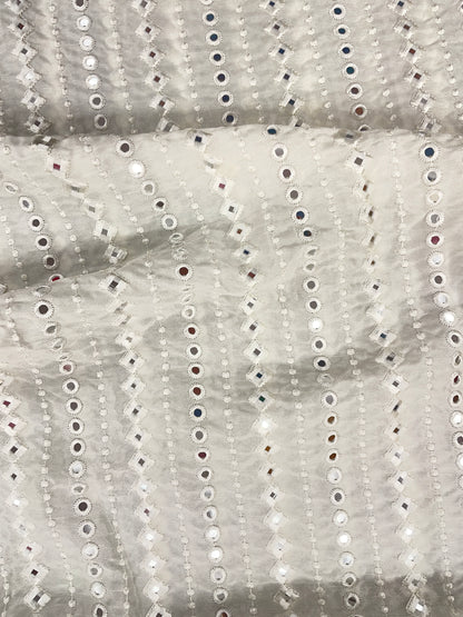 Shiny Premium Parallel White Thread Embroidery With Faux Mirror Work On White Dyeable Mysore Silk Fabric