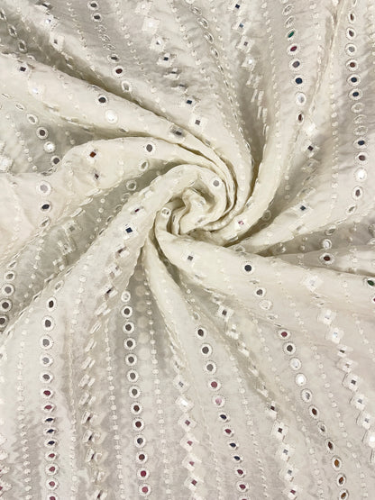 Shiny Premium Parallel White Thread Embroidery With Faux Mirror Work On White Dyeable Mysore Silk Fabric