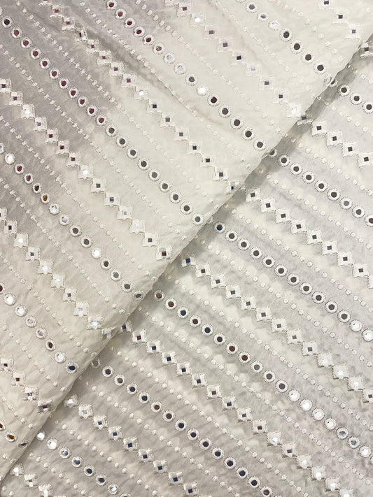 Shiny Premium Parallel White Thread Embroidery With Faux Mirror Work On White Dyeable Mysore Silk Fabric