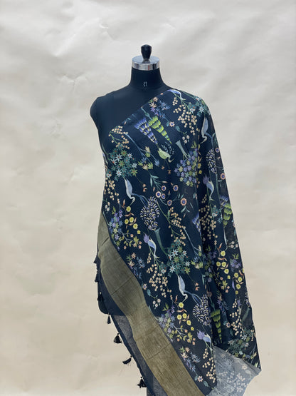 Pretty Subtle Floral print With Hanging Tassels On Munga Tussar Dupatta