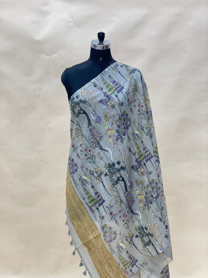 Pretty Subtle Floral print With Hanging Tassels On Munga Tussar Dupatta