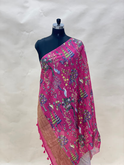 Pretty Subtle Floral print With Hanging Tassels On Munga Tussar Dupatta