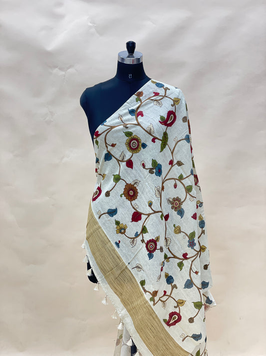 Adorable Elegant Floral Multicolored Print With Hanging Tassels On Munga Tussar Dupatta