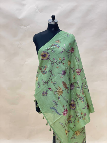 Exclusive Luxurious Floral And Birds Print With Hanging Tassels On Munga Tussar Dupatta