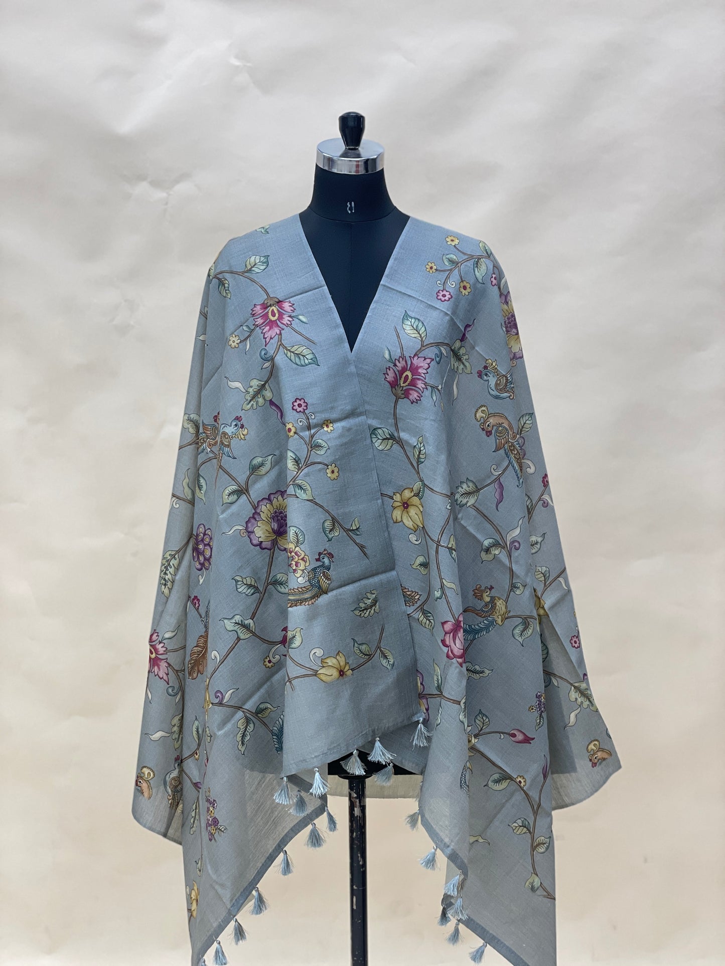 Exclusive Luxurious Floral And Birds Print With Hanging Tassels On Munga Tussar Dupatta