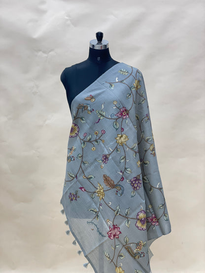 Exclusive Luxurious Floral And Birds Print With Hanging Tassels On Munga Tussar Dupatta