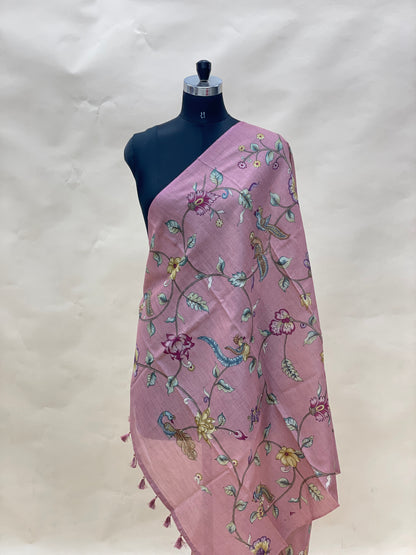 Exclusive Luxurious Floral And Birds Print With Hanging Tassels On Munga Tussar Dupatta