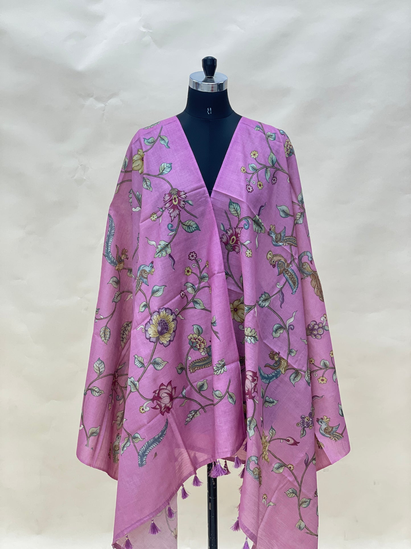 Exclusive Luxurious Floral And Birds Print With Hanging Tassels On Munga Tussar Dupatta