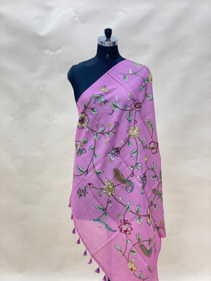 Exclusive Luxurious Floral And Birds Print With Hanging Tassels On Munga Tussar Dupatta