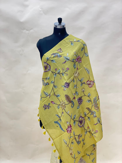 Exclusive Luxurious Floral And Birds Print With Hanging Tassels On Munga Tussar Dupatta