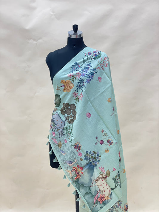 Classic Pretty Floral Multicolored Print With Hanging Tassels On Munga Tussar Dupatta