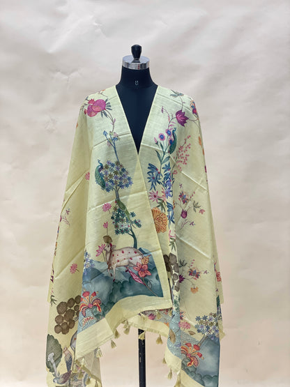 Classic Pretty Floral Multicolored Print With Hanging Tassels On Munga Tussar Dupatta