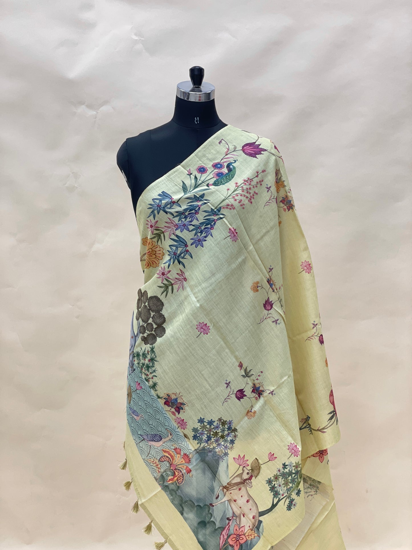 Classic Pretty Floral Multicolored Print With Hanging Tassels On Munga Tussar Dupatta