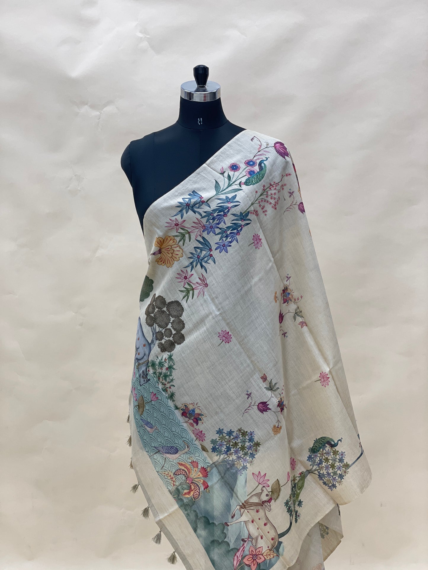 Classic Pretty Floral Multicolored Print With Hanging Tassels On Munga Tussar Dupatta