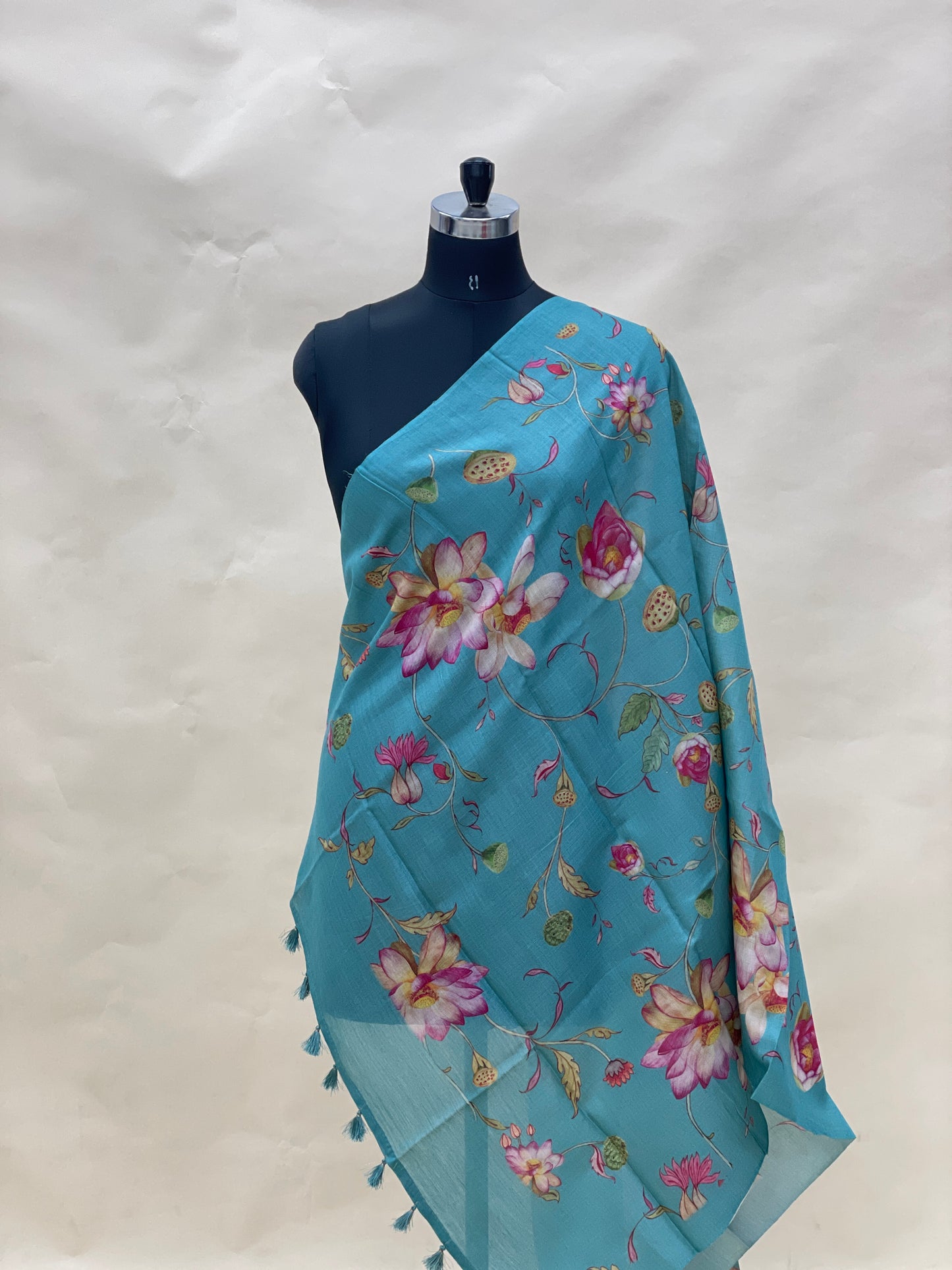 Pretty Classic Little Floral And Leafy Print With Hanging Tassels On Munga Tussar Dupatta