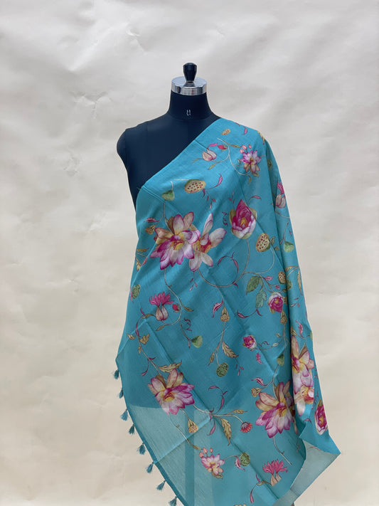 Pretty Classic Little Floral And Leafy Print With Hanging Tassels On Munga Tussar Dupatta