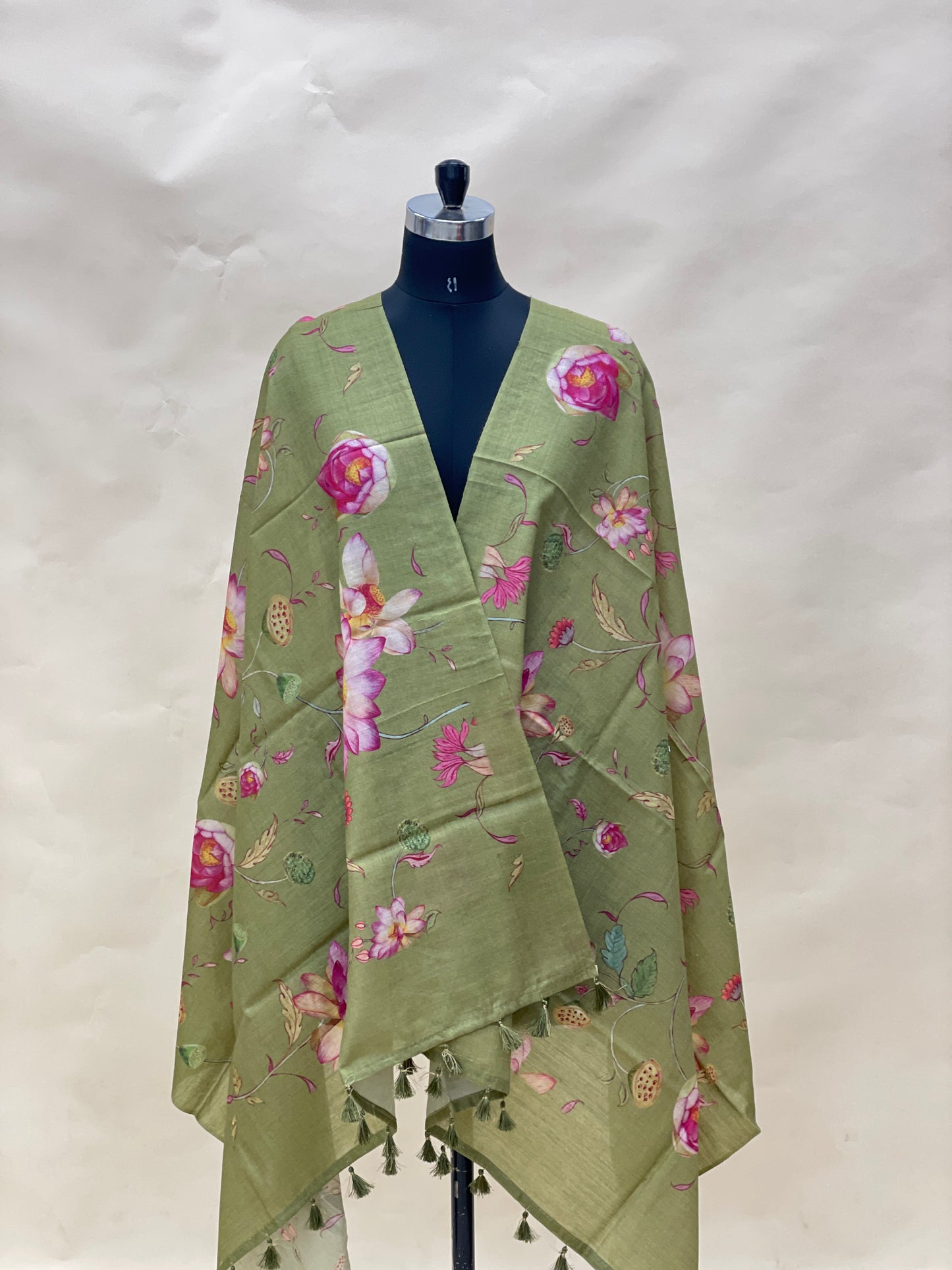 Pretty Classic Little Floral And Leafy Print With Hanging Tassels On Munga Tussar Dupatta