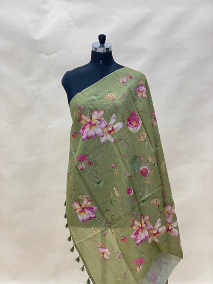 Pretty Classic Little Floral And Leafy Print With Hanging Tassels On Munga Tussar Dupatta