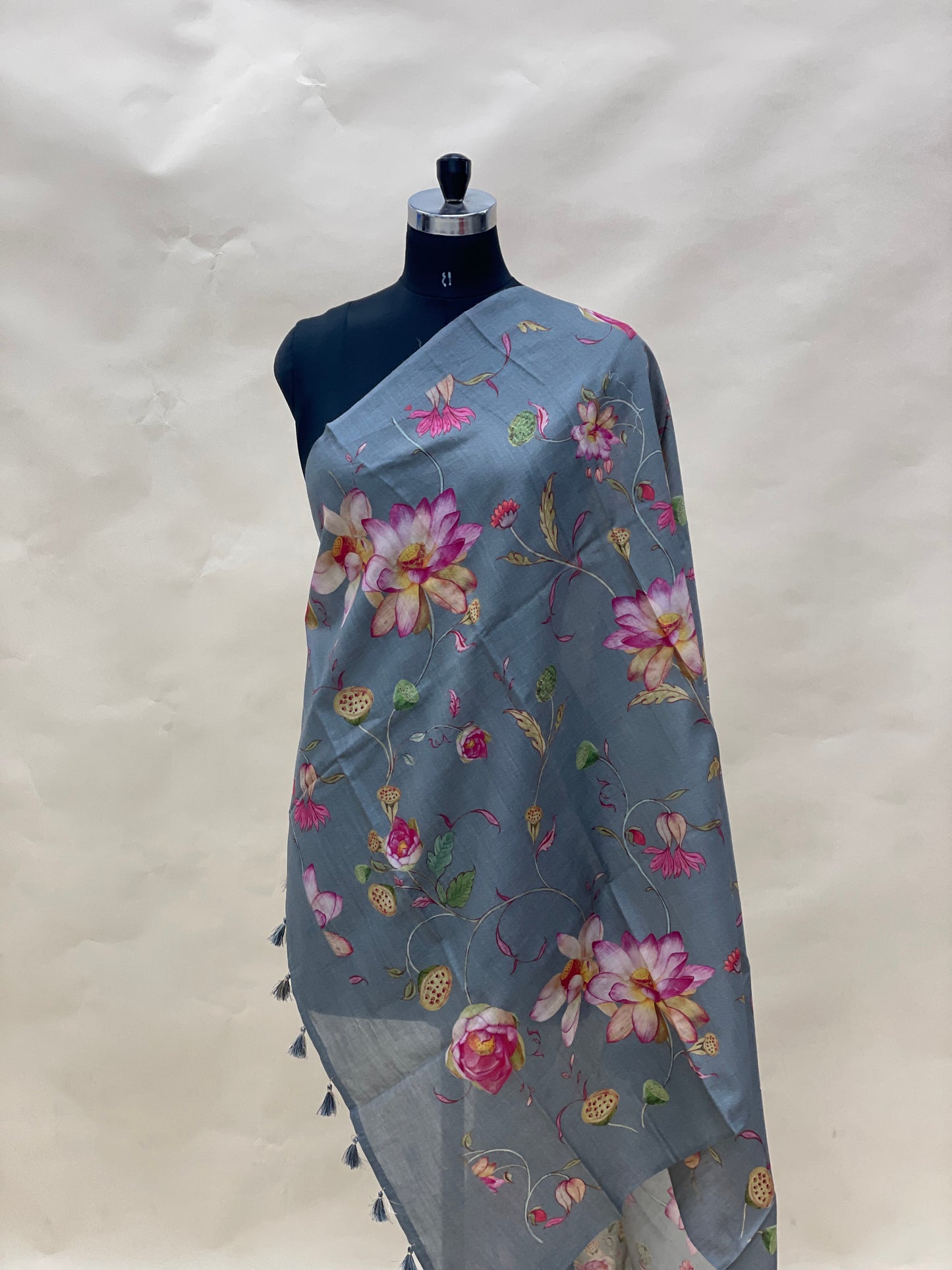 Pretty Classic Little Floral And Leafy Print With Hanging Tassels On Munga Tussar Dupatta