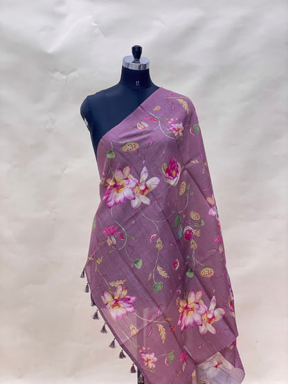 Pretty Classic Little Floral And Leafy Print With Hanging Tassels On Munga Tussar Dupatta