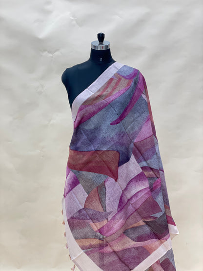 Adorable Pleasant Multicolor Design Print With Hanging Tassels On Munga Tussar Dupatta