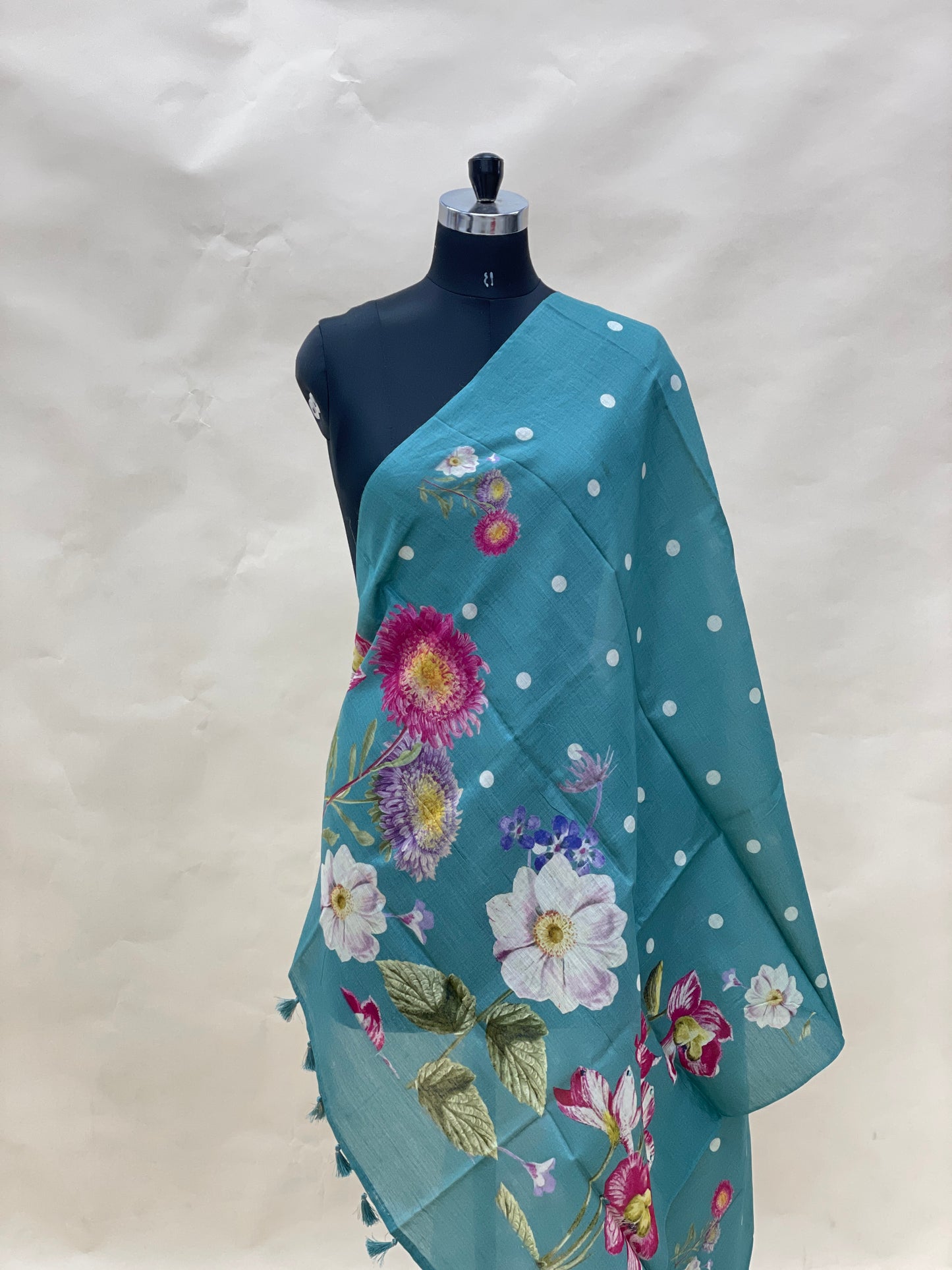 Gorgeous Dainty Pretty Floral Print With Hanging Tassels On Munga Tussar Dupatta