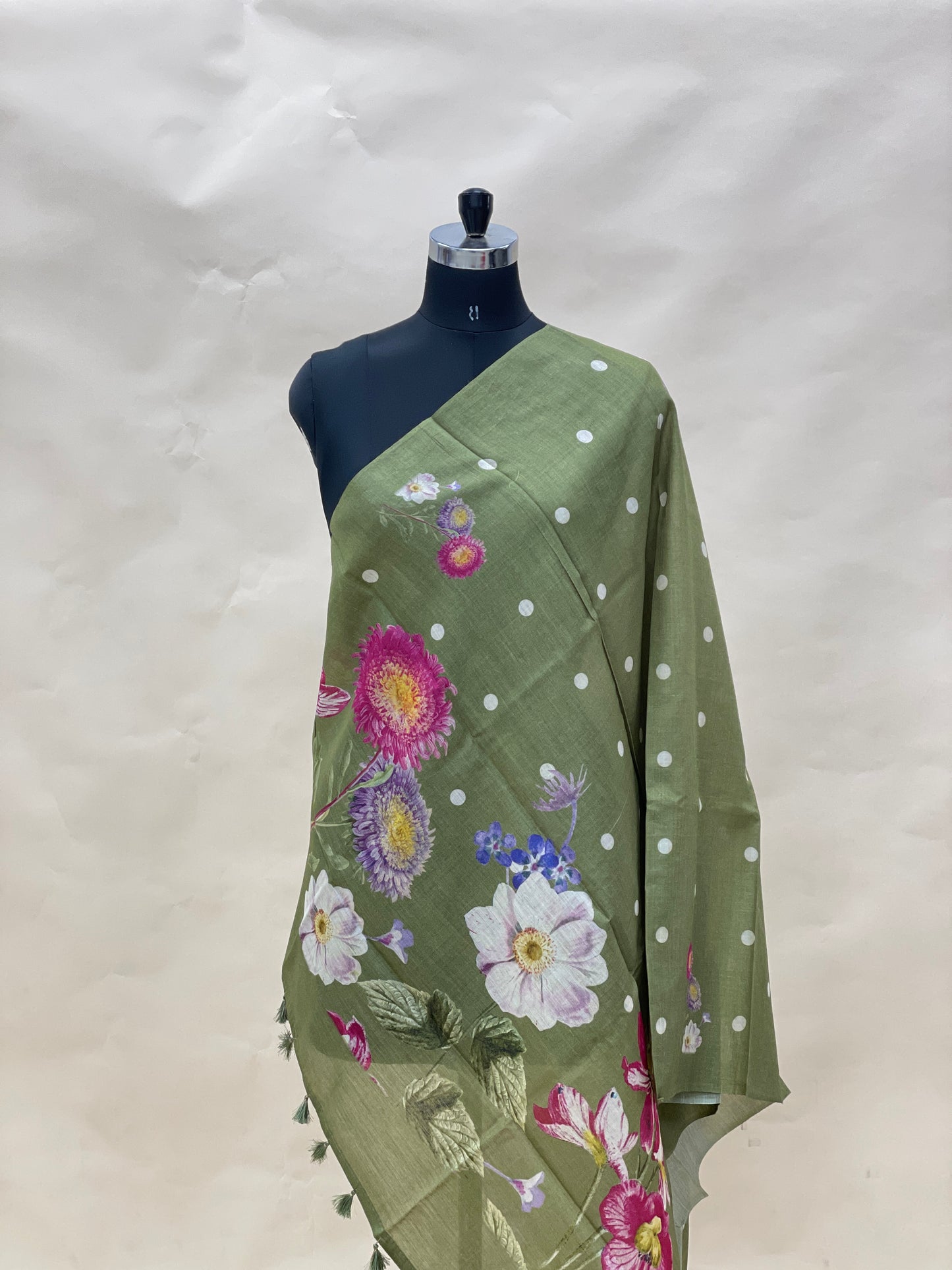 Gorgeous Dainty Pretty Floral Print With Hanging Tassels On Munga Tussar Dupatta