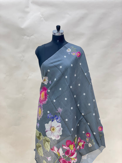 Gorgeous Dainty Pretty Floral Print With Hanging Tassels On Munga Tussar Dupatta