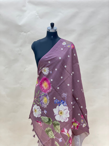 Gorgeous Dainty Pretty Floral Print With Hanging Tassels On Munga Tussar Dupatta