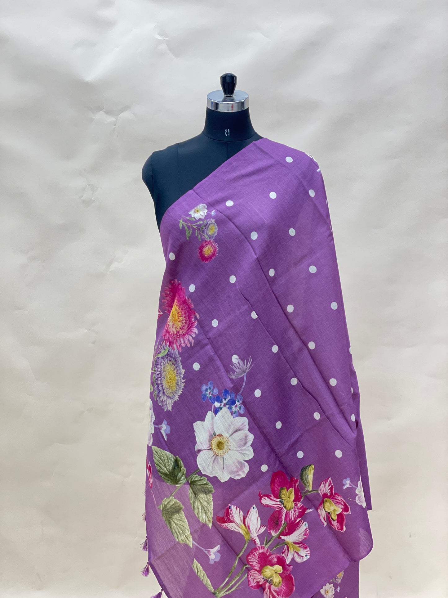 Gorgeous Dainty Pretty Floral Print With Hanging Tassels On Munga Tussar Dupatta