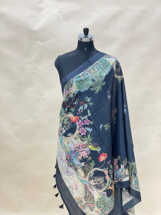 Excellent Stunning Unique Floral Print With Hanging Tassels On Munga Tussar Dupatta