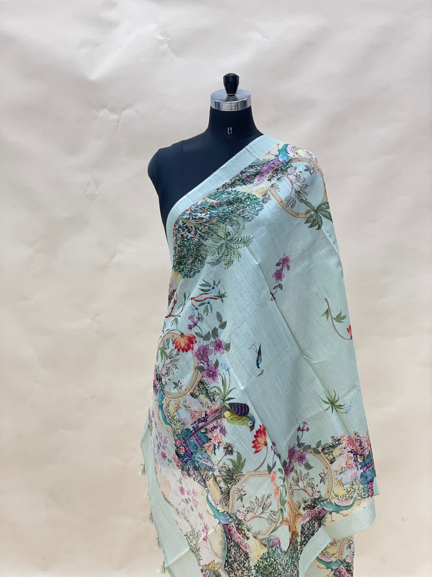 Excellent Stunning Unique Floral Print With Hanging Tassels On Munga Tussar Dupatta