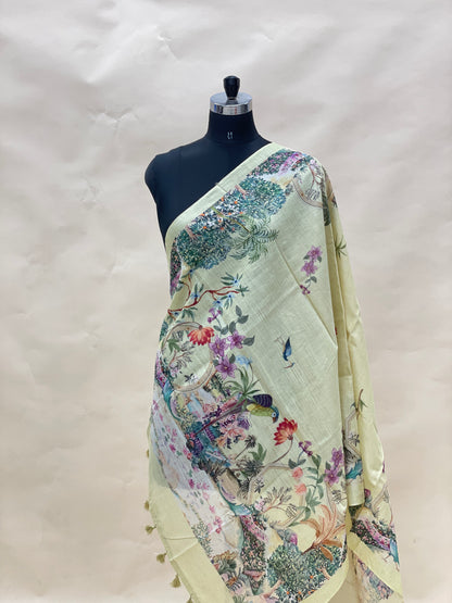 Excellent Stunning Unique Floral Print With Hanging Tassels On Munga Tussar Dupatta