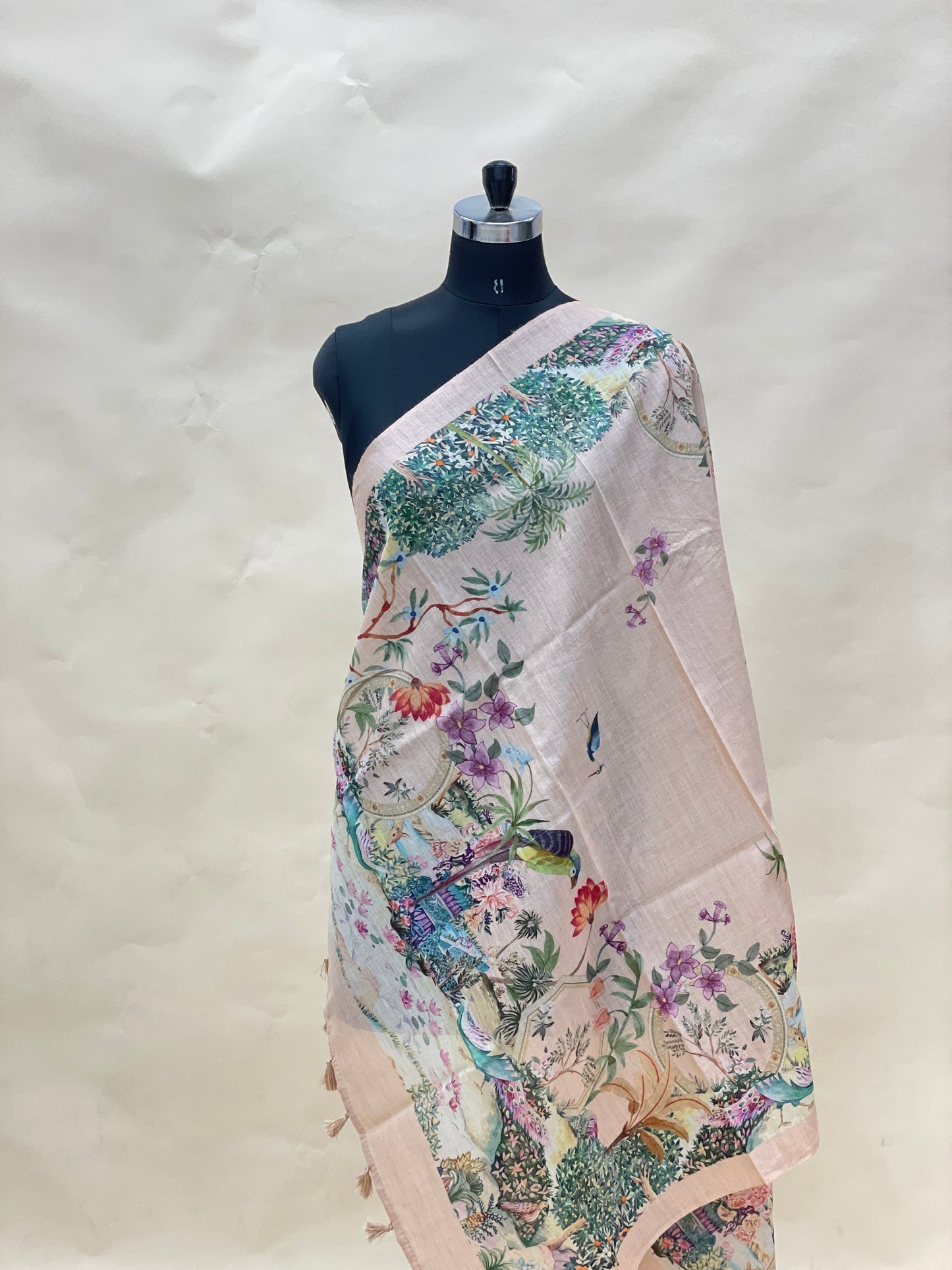 Excellent Stunning Unique Floral Print With Hanging Tassels On Munga Tussar Dupatta