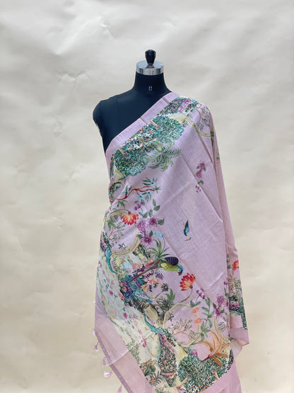 Excellent Stunning Unique Floral Print With Hanging Tassels On Munga Tussar Dupatta