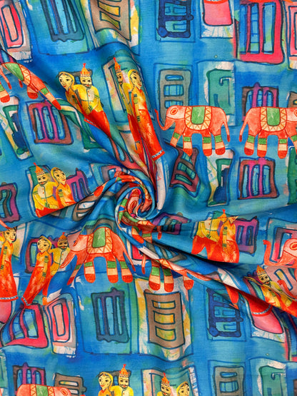 Vibrant Amazing Figure nd Elephant Multicolor Print On Muslin Fabric