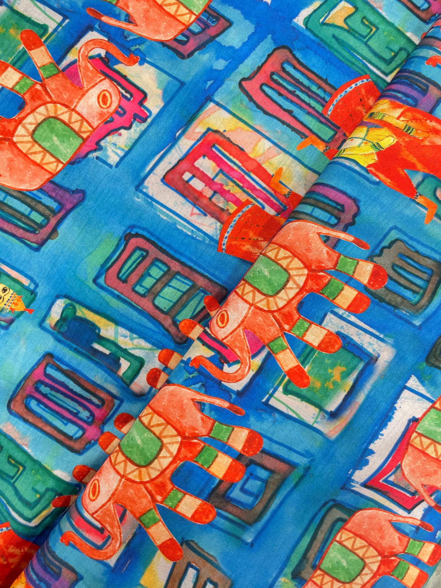 Vibrant Amazing Figure nd Elephant Multicolor Print On Muslin Fabric