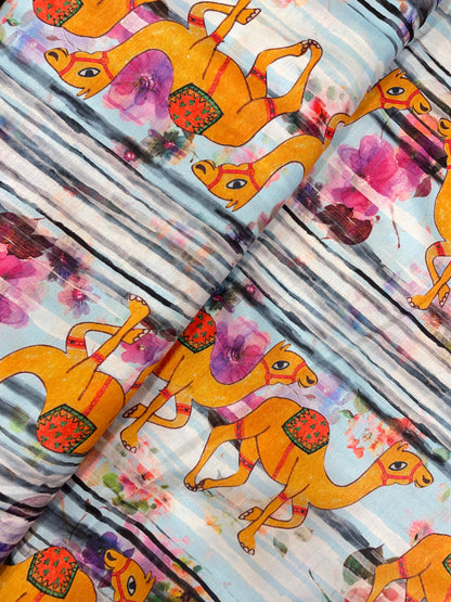 Unique Pleasant Traditional Camel And Floral Print All Over Muslin Fabric