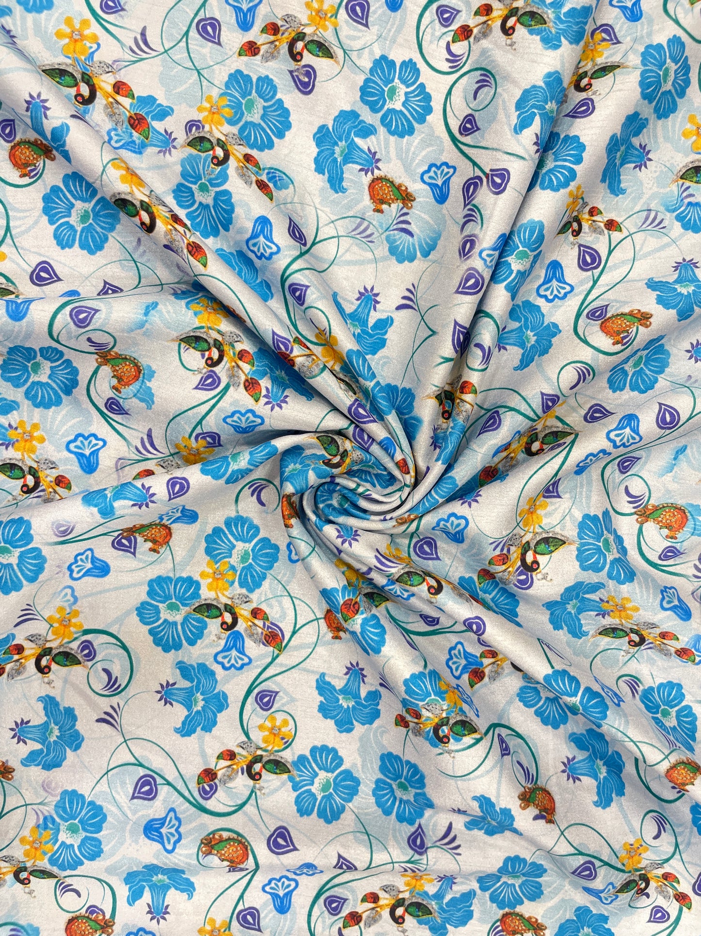 Classic Delicate Blooming Blue Flowers And Dainty Peacock Print On Muslin Fabric